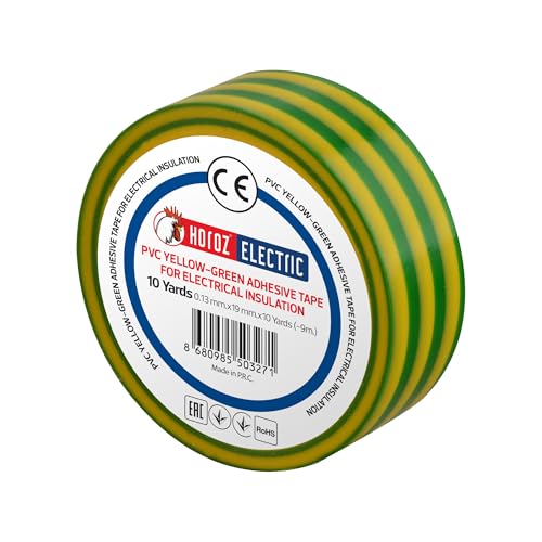 HOROZ ELECTRIC Cinta Aislante PVC Amarillo-Verde 19mm x 9m - Cinta Eléctrica Autoadhesiva para Cables, Fuerte Adhesión, Cinta de Reparación Profesional Resistente al Calor - 1 Pieza