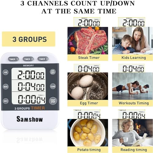 Digital Kitchen Timer Dual Timers 3 Channels Count UP/Down Timer Cooking Timer Large Display, Adjustable Volume Alarm with Magnetic Back, Stand, Battery Included