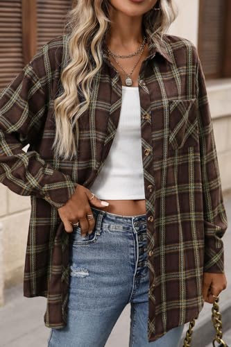 CHYRII Womens Oversized Flannel Shirts Button Down Long Sleeve Plaid Shirt Business Casual Blouse Top3