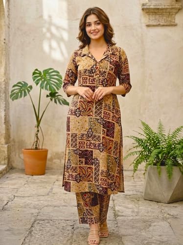 Image of Women's Cotton Blend A-line Printed Kurta with Palazzo Set | Officewear Kurta Set for Women
