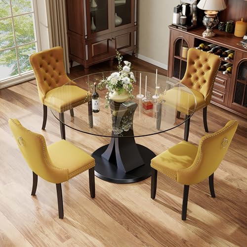 Image of 5-Piece Dining Table Set with 47In Tempered Glass Table and 4 Velvet Upholstered Chairs, Modern Scandinavian Furniture for Dining Room Kitchen(Yellow)