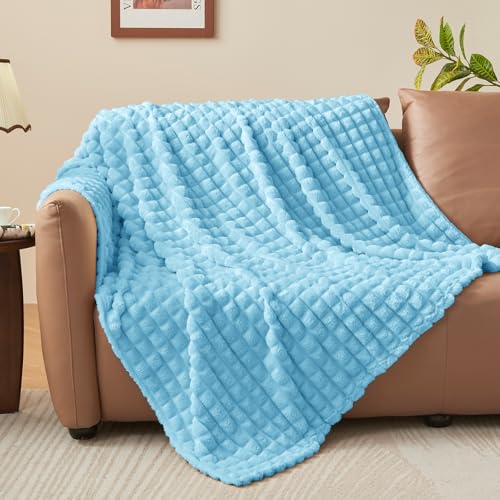 Image of BEDELITE 3D Checked Light Blue Fleece Throw Blanket for Couch, 50x70 Inch