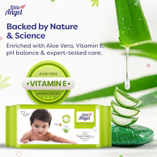 Image of Little Angel Super Soft Cleansing Baby Wipes, 648 Count, Enriched with Aloe vera & Vitamin E, pH Balanced, Dermatologically Tested & Alcohol-free, Pack of 9, 72 count /pack