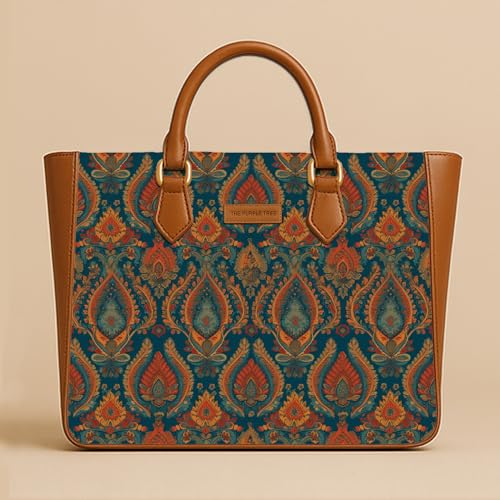 Image of The Purple Tree Handcrafted Women's Tote Bag with Vegan Leather Handles & Indian Prints, Shoulder Tote Bag and Handbag for Office and College (Pack of 1)