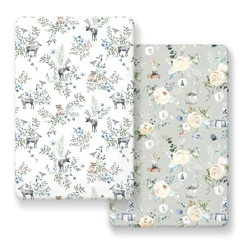Image of Pack n Play Sheets Fitted 2 Pack, Stretchy Ultra Soft Jersey Knit Pack and Play Sheets, Universal Fitted Portable/Mini Crib Mattresses Snug and Safe, Stylish Print