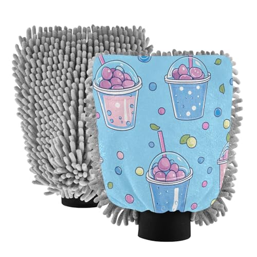 STAYTOP Cartoon Milk Tea Cup Car Wash Mitt Microfiber, 2Pcs Scratch Free Lint-Free, Premium Chenille Microfiber Mitt Car Wash Brush-M