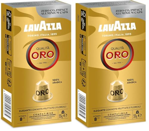 Image of Lavazza Qualit Oro, Nespresso Compatible Aluminium Capsules, Zero Co2 Impact, 2 Pack Of 10 Capsules, 55 Gram