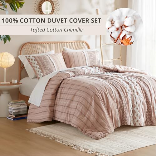 Image of INK+IVY Imani 100% Cotton Duvet Mid Century Modern Design, All Season Comforter Cover Bedding Set, Matching Shams, King /Cal King, Blush Chenille Tufted Accent 3 Piece