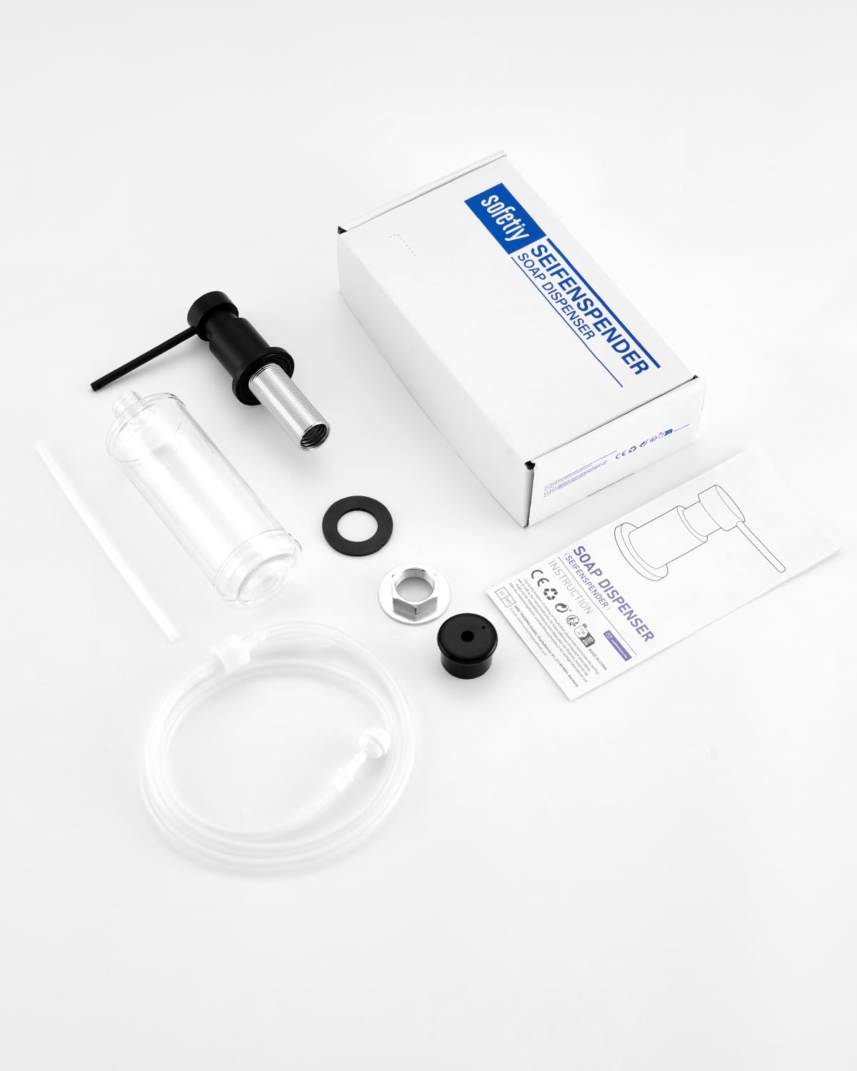 Dispensador Jabon Cocina Bajo Encimera, Dosificador Jabon Cocina Duradero con Tuercas de Acero INOX 304(sin Plástico), Botella de 300 ml y Tubo Silicona de Extensión de 1,25 m, Negro