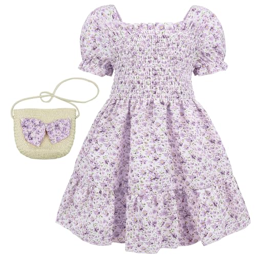 AGQT Toddler Girls Floral Dress Square Neck Puff Sleeve A-Line Smocked Dress with Bag Toddler Girls Summer Dress 12M-7T