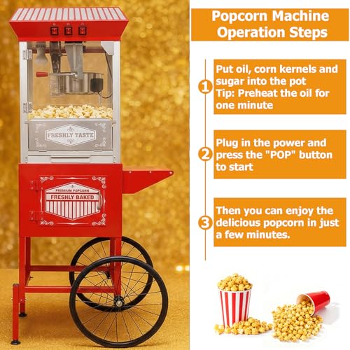 Image of Vintage Popcorn Machine with Cart & Wheels - 12 Oz Stainless Steel Kettle Makes 48 Cups, Portable Retro Cart for School, Church, Party, Carnival, Movie Theater, Concession & Home Use (Red)