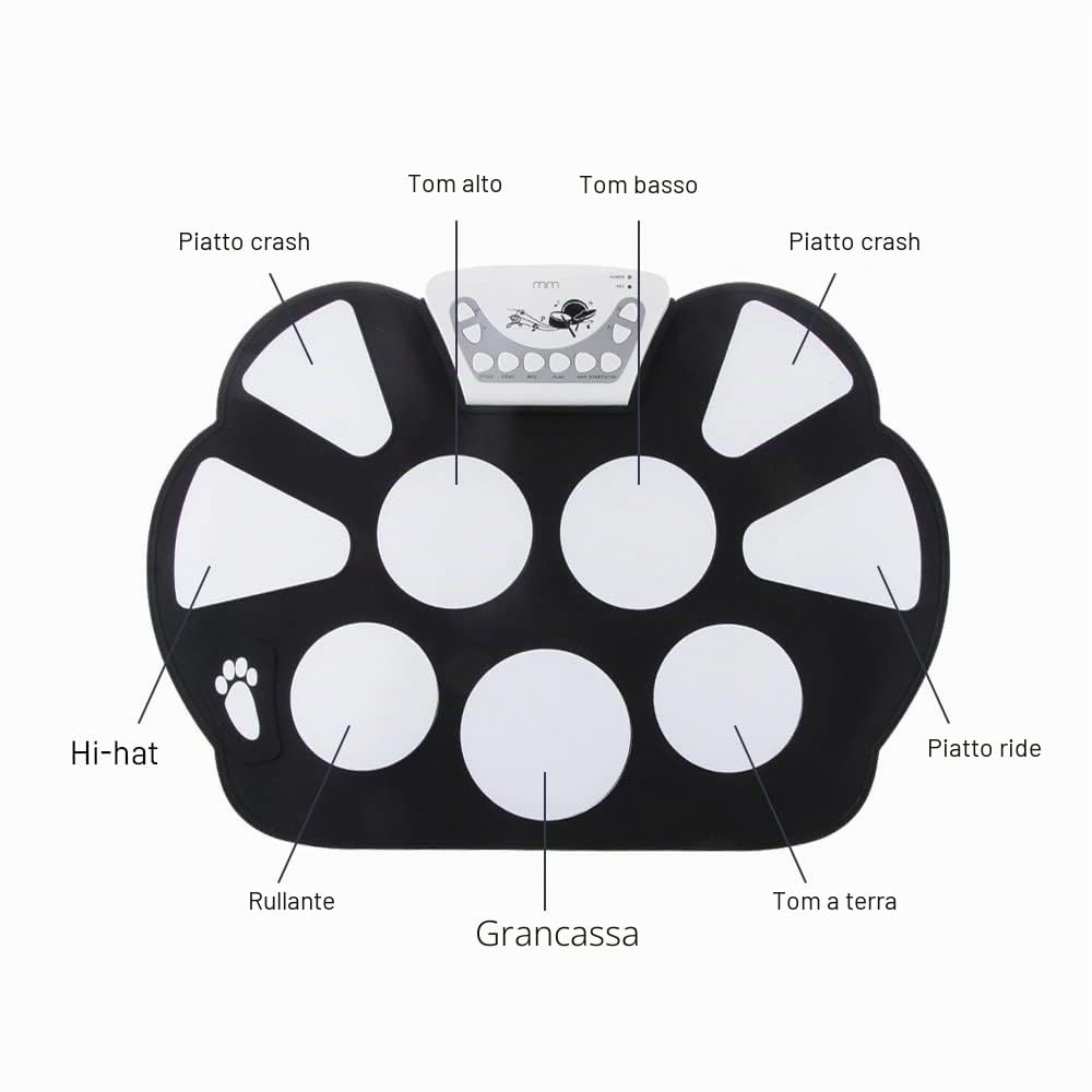 Mikamax - mm Roll Up Drum Kit - Música - batería eléctrica - 9 pads de disparo digital - 2 baquetas - Cable USB (Tipo-A) y alimentado por batería - 2 pedales.