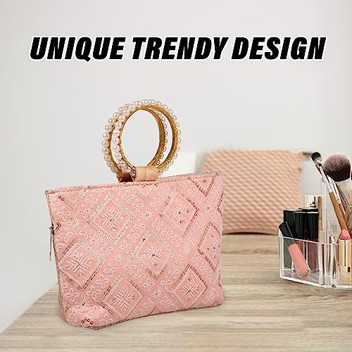 Image of Heart Home Clutch Bag | Zig Zag Chicken Silk Embroidery | Moti Churi Handle | Hand Purse for Woman | Party Bags for Woman | Wedding Clutch Purse | Pack of 2 | Peach