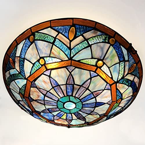 Tiffany Ceiling Lights, Stained Glass Ceiling Light 3-Lights 16 Inch Tiffany Flush Mount Ceiling Light Fixture for Bedroom Dining Living Room Entryway Foyer(Colorful)