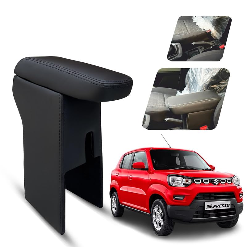 Image of Carigiri Premium Finish Car Armrest with Storage Box And High Density Moulded Foam For Maruti Suzuki S.Presso (Black With Black Double Stitching,Nappa Leatherette)