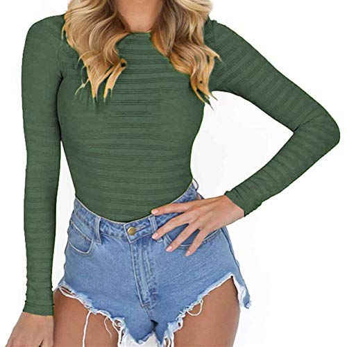 GEMBERA Womens Stretchy Long Sleeve Bodysuits Basic Bodycon Jumpsuits Rompers (Army Green L)
