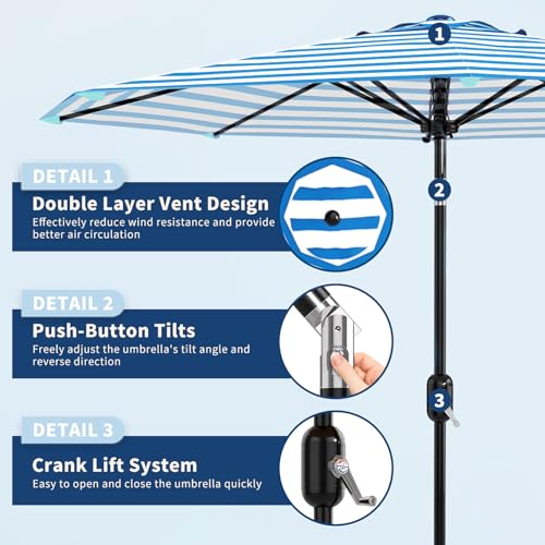 GarveeLife 10FT Patio Umbrella Outdoor, Table Umbrella with Push Button Tilt and Crank, 8 Sturdy Ribs UV Protection Waterproof for Garden, Pool, Market, Deck (Blue & White Stripe) by GarveeLife - Used condition - Image 2