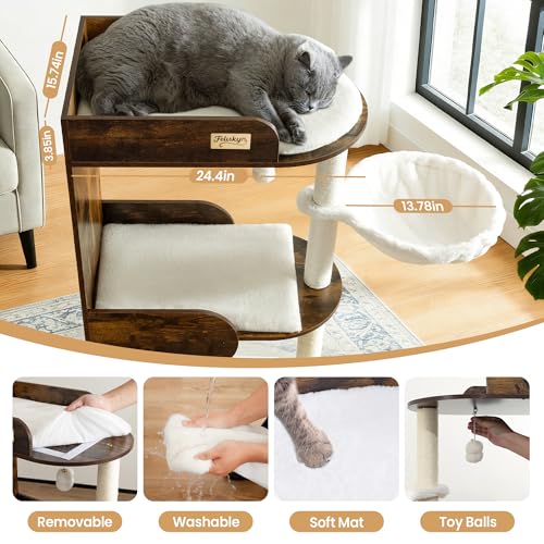 Modern Wood Cat Tree Tower for Indoor Large Cats, Cat Scratching Posts with Big Perch Bed, 44.8" Tall Multi-Level Wooden Cat Condo with Hammock, Removable Pads, Kitty Furniture, Rustic Brown - Image 4