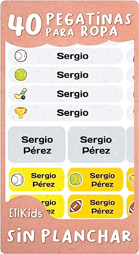 40 Etiquetas para ropa SIN PLANCHAR resistentes a los lavados. Pegatinas personalizadas para material escolar, tuppers y biberones. Etiquetas Adhesivas para niños, guardería y colegios. Deportes