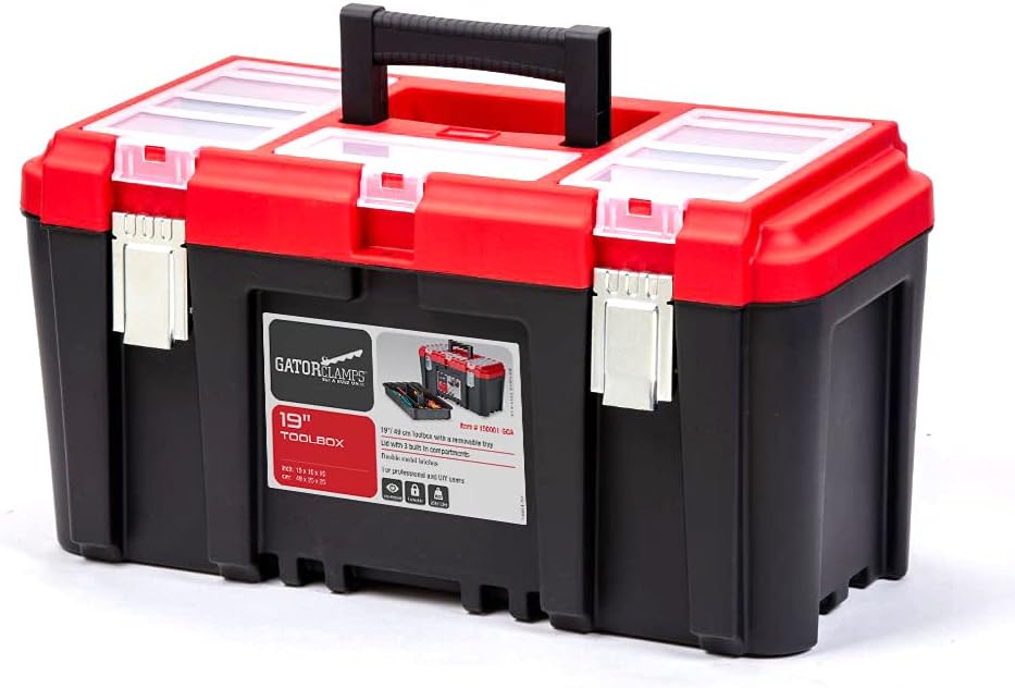 19-inch + 13-inch Sturdy Toolbox - Multiple Compartments, Removable Tool Tray - Strong Lid, Easy Grip Handle - Made of Polypropylene Plastic