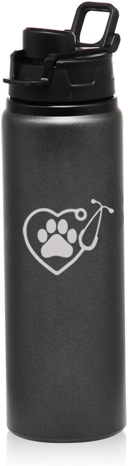 MIP 25 oz Aluminum Sports Water Travel Bottle Heart Stethoscope Vet Tech Veterinarian