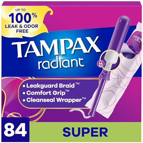 Image of Tampax Radiant Tampons for Women, with LeakGuard Braid, Super Absorbency, Unscented, 84 Count (3 Packs of 28), Packaging May Vary