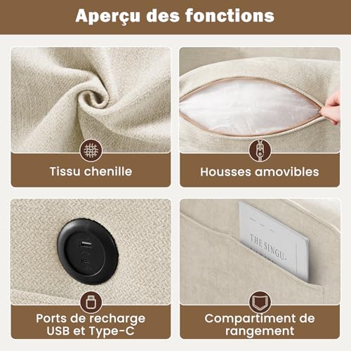 Canapé modulable convertible L rangement USB-C DUANDUAN