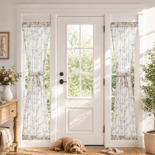 Image of jinchan Blue Linen Floral French Door Curtains 72 Inch Rod Pocket 2 Panels
