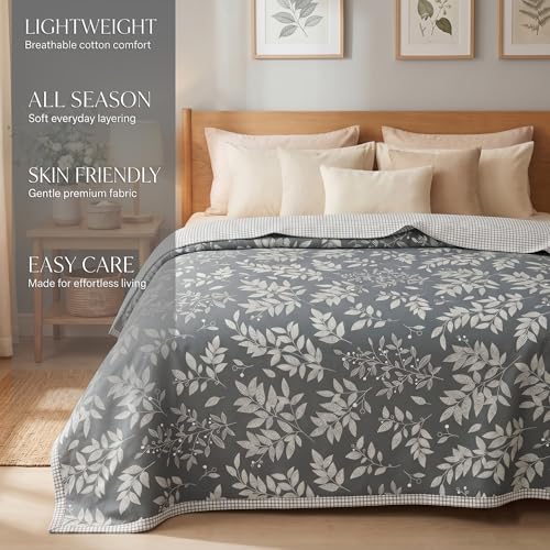 Image of HOMEKART Premium 100% Cotton Dohar for Double Bed | Reversible AC Blanket | Lightweight All Season Comforter | Soft & Breathable Summer Quilt for Adults | 150 GSM | 88 x 85 Inches (Graphite Willow)