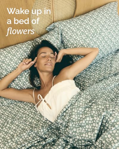 Image of Twin 3 Piece Floral Sheet Set - Soft, Breathable & Cooling - Green Meadow | 1 Flat, 1 Fitted & 1 Pillowcase w / Deep Pockets, Boho Botanical Floral Bedding, Breathable & Cooling, Wrinkle & Fade Free