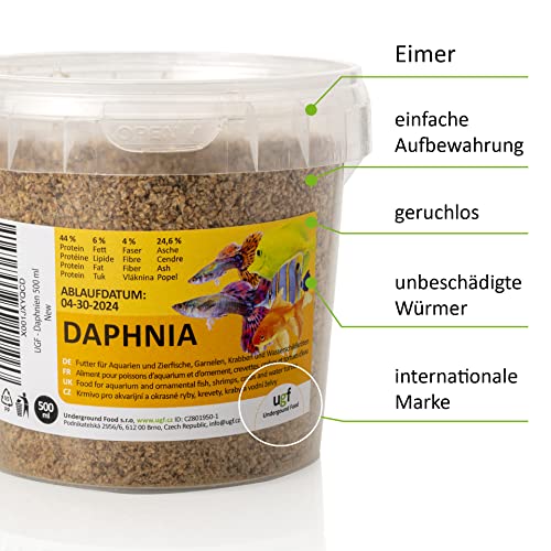 UGF - Premium Daphnia Wasserflöhe - 80g im 500 Milliliter Eimer, Getrocknet Fischfutter Aquarium, Aquarium Futter, Snacks für Zierfische