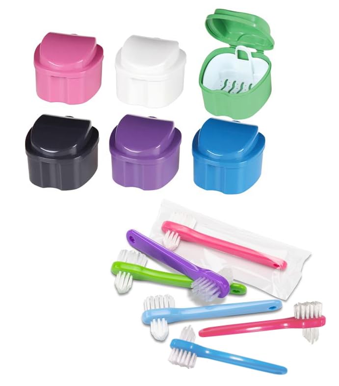 AmeriCan Goods 6/Pk Premium Denture Bath Box with 6/Pk Mini Denture Brushes Denture Retainer Bath Cases with Rinsing Basket & Brushes