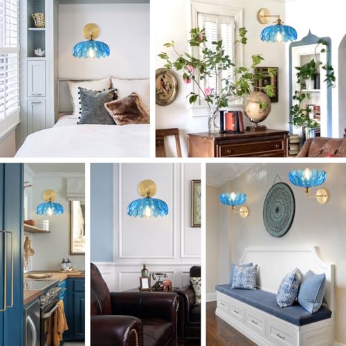 Image of Blue Wall Light Modern Sconces Flower Glass Shade Mid Century Sconce Vintage Bathroom Wall Lamp Black Gold Brass Sconces Fixture Brass Sconce Lighting for Over Mirror Farmhouse Bedroom