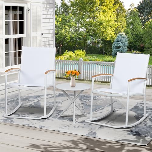 Image of Shintenchi 3 Piece Outdoor Rocking Bistro Set, Textilene Fabric Small Patio Furniture Set, Front Porch Rocker Chairs Conversation Set with Table for Lawn, Garden, Balcony, Poolside (White)