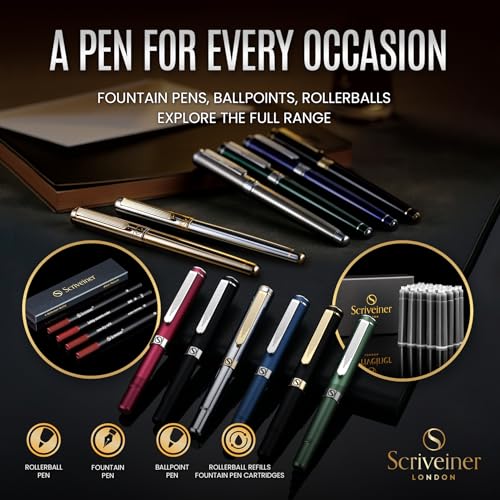 Image of Scriveiner Black Green Fountain Pen - Stunning Luxury Pen with Chrome Finish, Schmidt Nib (Fine), Best Pen Gift Set for Men & Women, Professional, Executive, Office, Nice Pens
