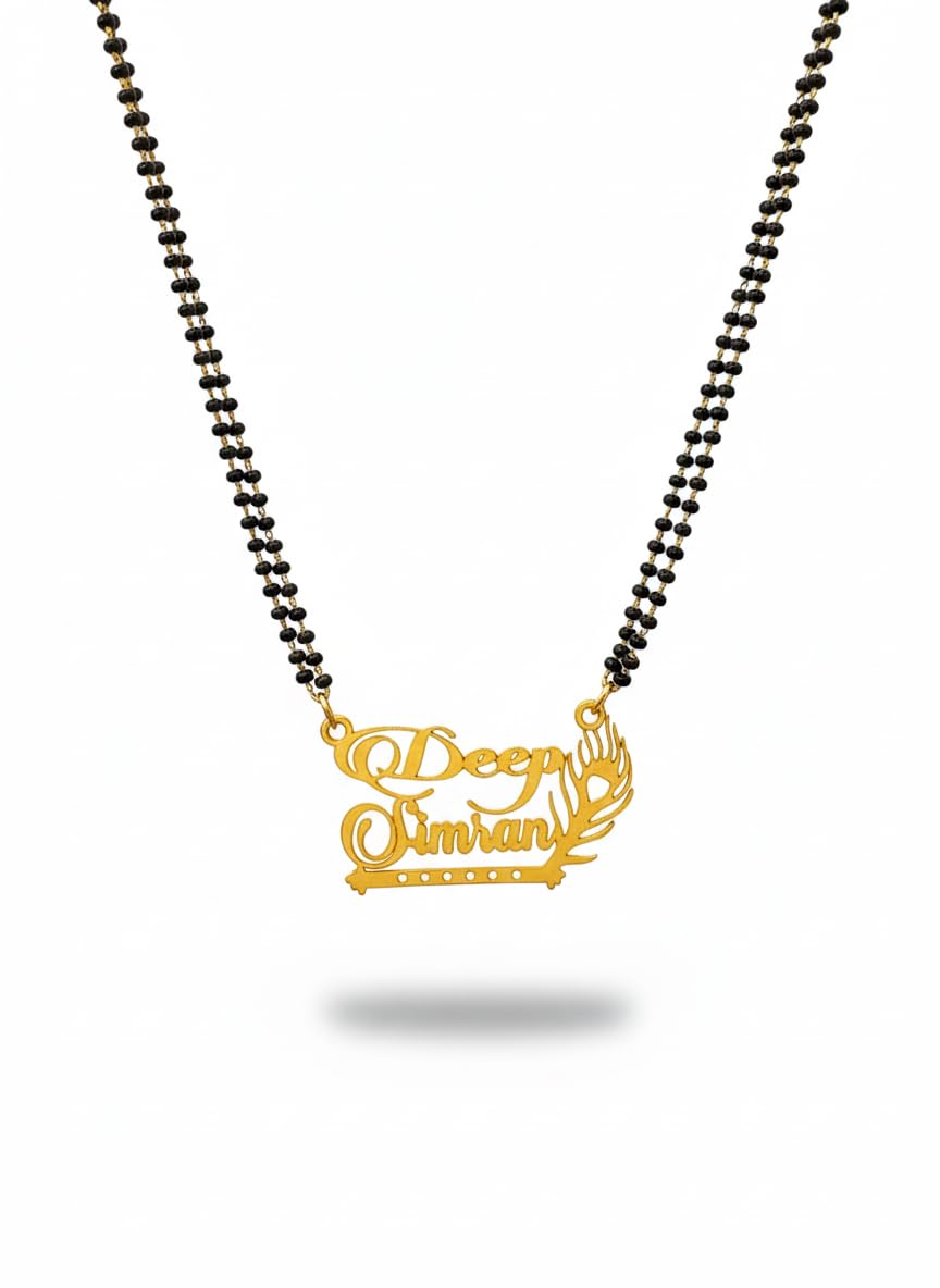 Personalized Couple Name Mangalsutra – Modern Script Font Name Pendant with Gold Plated Finish | Custom Name Mangalsutra with Black Beads Chain | Designer Personalized Jewelry Gift for Women, Wife, Girlfriend | Daily Trendy Mangalsutra-image-1