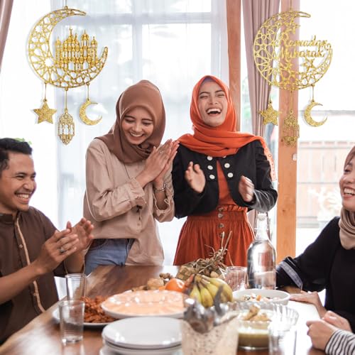 2 Pieces Eid Mubarak Door Sign Wooden Hanging Signs, Ramadan Kareem Hollow Ornament Decorations Moon and Stars, Moon Shape Ramadan Mubarak Party Wood Wall Hanger for Islamic Muslim Home Decor - Image 6