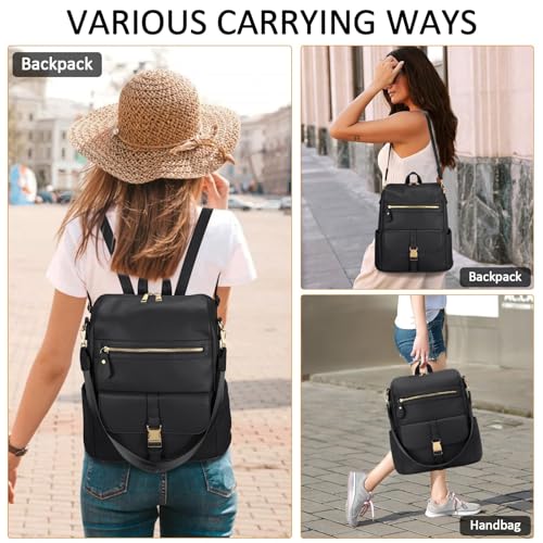 Image of KKXIU Backpack Purse for Women - Multi-pocket Leather backpack for Travel, Work & School with Anti-Theft Lock Pocket, Luggage Strap & Water Bottle Pockets - 13x14x5.2 Inch, 1.67lb (Black)