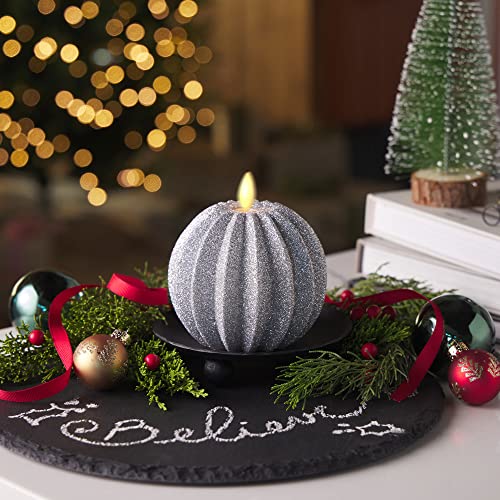 Luminara Silver Glitter Sphere Moving Flame Flameless Candle, Unscented Real Wax Led Candle, Timer, Holiday Decoration Centerpiece (4"X4.5") #TOP1