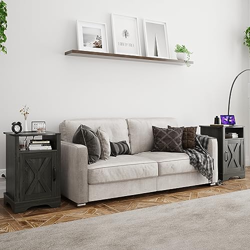 FansaFurn Nightstand Charging Station Tall Farmhouse End Table for Bedroom, Living Room, 16\" D x 16\" W x 25\" H(Set of 2), Dark Grey