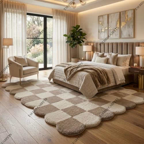 Image of Tauhid Carpet Handwoven Shaggy Rug, Super Soft Microfiber Checkered Carpet for Living Room, Bedroom & Hall Beige Cream 2x5 Feet Runner.