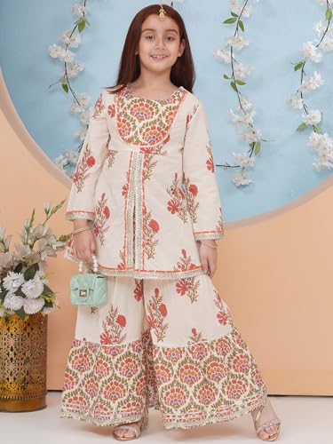 Image of Preneum Girls's Cotton Rayon Gota Pati Multi Floral Printed Angrakha Kurta with Sharara & Dupatta