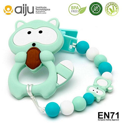 mamimemima" Pack Chupetero + Mordedor Silicona Baby Mapache Mint" Chupetero Mordedor de Silicona Antibacteriana/Alivio en la etapa de dentición