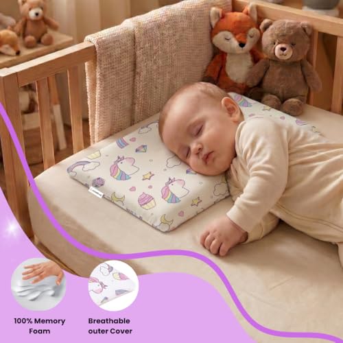 Image of Premium Memory Foam Toddler Thin Pillow with Washable Removable Cover | Head, Neck & Back Support | Ideal for Sleeping, Reading & Resting | Age 2 to 9 Year | 18.5x12.5x2.5in | Unicorn Print
