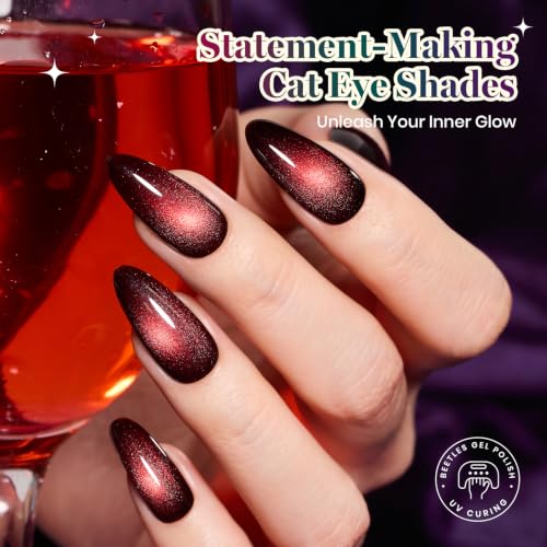 Image of Beetles Cat Eye Gel Nail Polish Set, Tarot Reverie 6 Colors Fall Nail Gel | Glitter Gel Nail Kit Ruby Red Pink Purple Navy Blue Emerald Green Black Magnetic With Magnet Soak Off UV Gift for Women