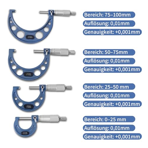 AccuGrapha Bügelmessschraube Satz 4 Stück, Messgenauigkeit 0,01 mm, Außendurchmesser Mikrometer Stahl mit 25 mm, 50 mm Kalibrierstange, Messbereich 0-25 mm 25-50 mm 50-75 mm 75-100 mm