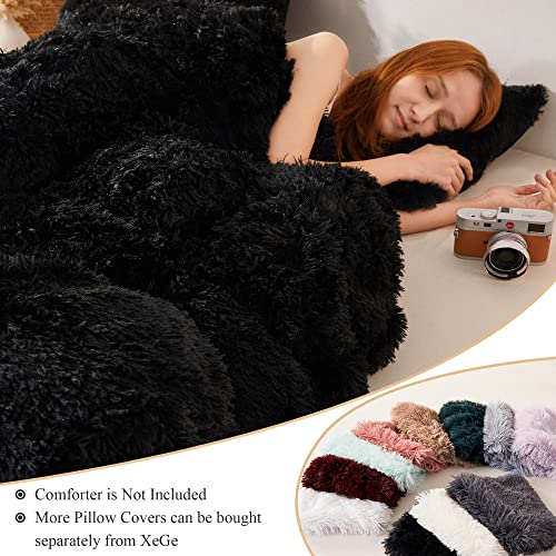 Xege Plush Shaggy Duvet Cover Set Luxury Ultra Soft Crystal Velvet Bedding Sets 3 Pieces(1 Faux Fur Duvet Cover + 2 Faux Fur Pillow Case),Zipper Closur (Queen, Black) #TOP5