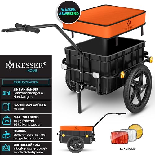 KESSER® Fahrradanhänger, Lastenanhänger, Handwagen mit Kupplung, Hochdeichsel, für Fahrrad Transportanhänger Transportbox mit 70 Liter Volumen, Max. 60kg, + Zubehör für Fahrräder mit 26-28, Orange