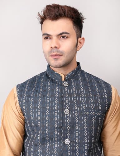 Image of Men's Cotton Silk Blend Regular Kurta Pyjama, Embroidered Nehru Jacket /Waistcoat Set