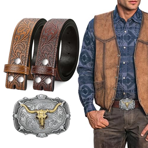 SANSTHS 2 Pack Cowboy Western Belt Strap with a Buckle, Men Women Embossed Cowboy Cowgirl Belt Strap for Jeans Gifts